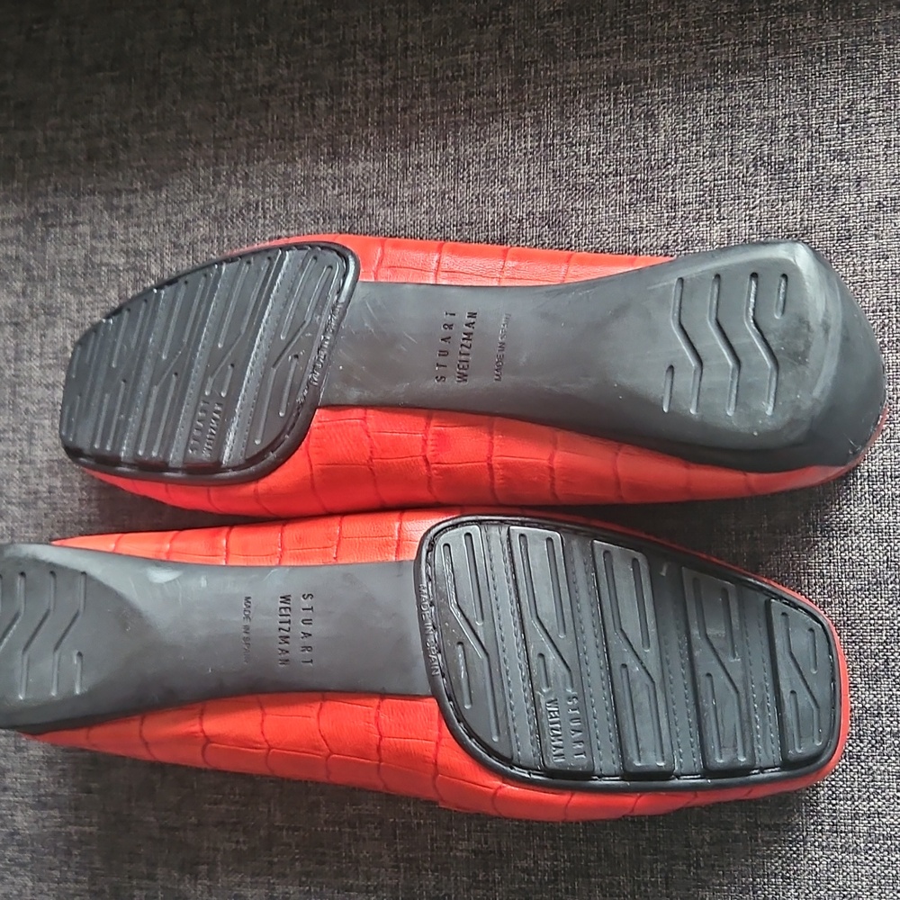 Red Stuart Weitzman patent Cocodrile  leather loafers With Gold  Trim - Picture 5 of 9